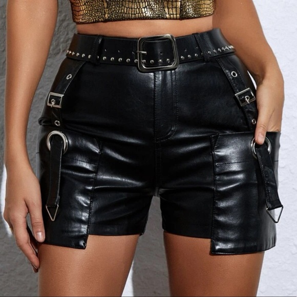 Boutique Pants - O-Ring High Waisted Faux Leather Shorts